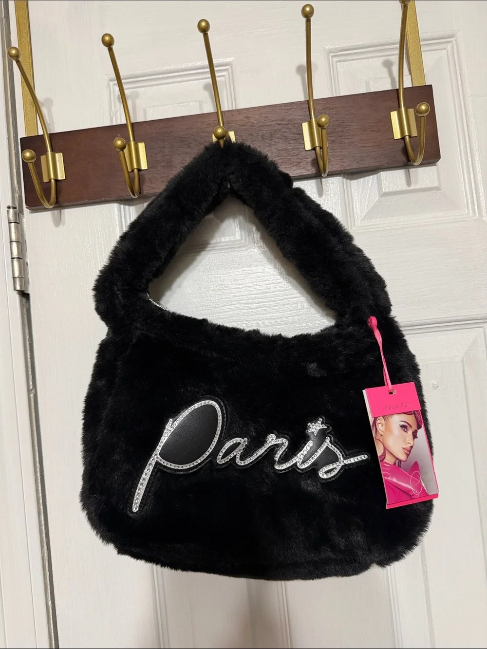 Paris Hilton Black Faux Forever Fur Baguette Bag with Silver Script